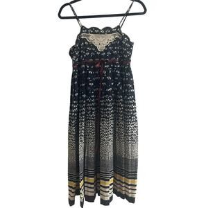 Y2K Ragtime Vintage 90s Navy Strappy Flowers Stripped Boho Lace Sundress-Size 9